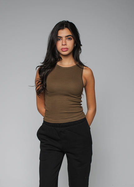 Ribbed Thick Strap Crew Neck Top