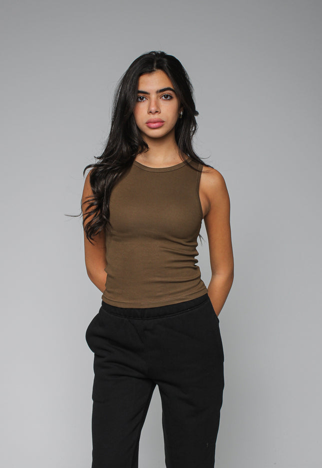 Ribbed Thick Strap Crew Neck Top